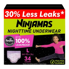 Pampers Ninjamas Nighttime Bedwetting Underwear Girls Size L (64-125 lbs) 34 Count (Packaging & Prints May Vary)