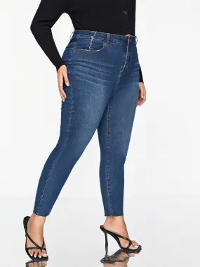 Plain Raw Hem Natural Long Plus Size Jeans