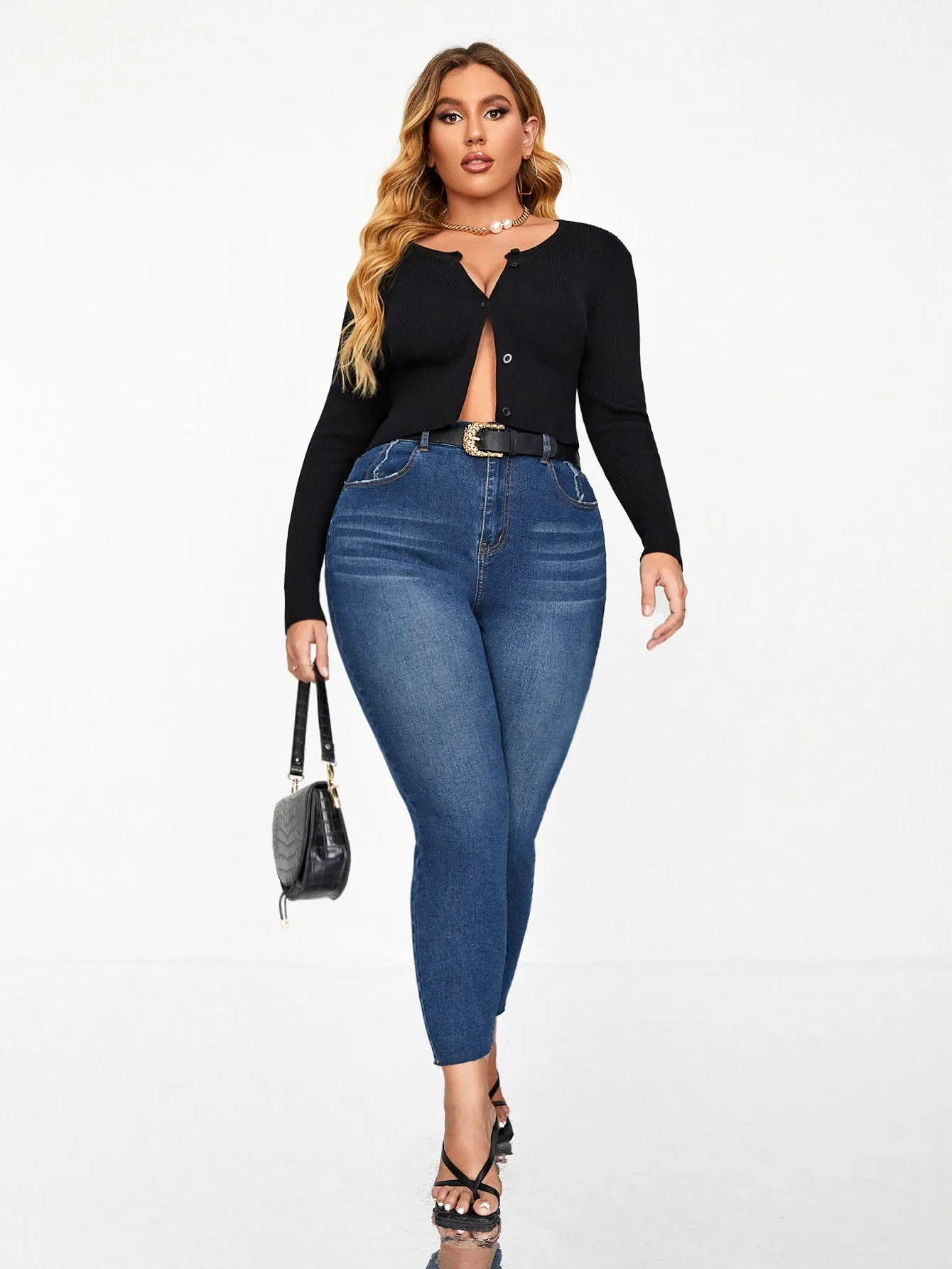 Plain Raw Hem Natural Long Plus Size Jeans