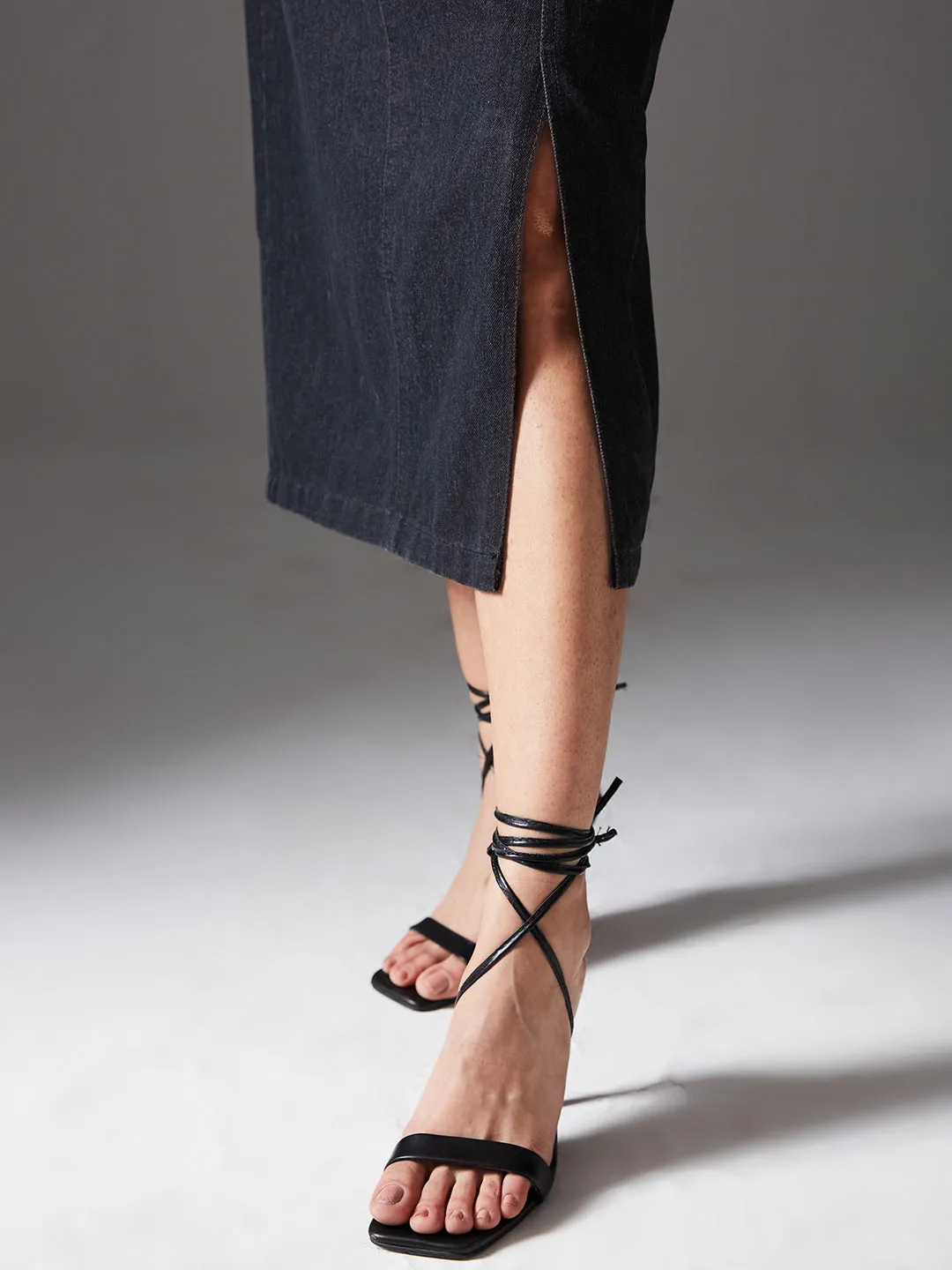 Premium Women's Black Straight-Fit High-Rise Stretchable Denim Midi Skirt