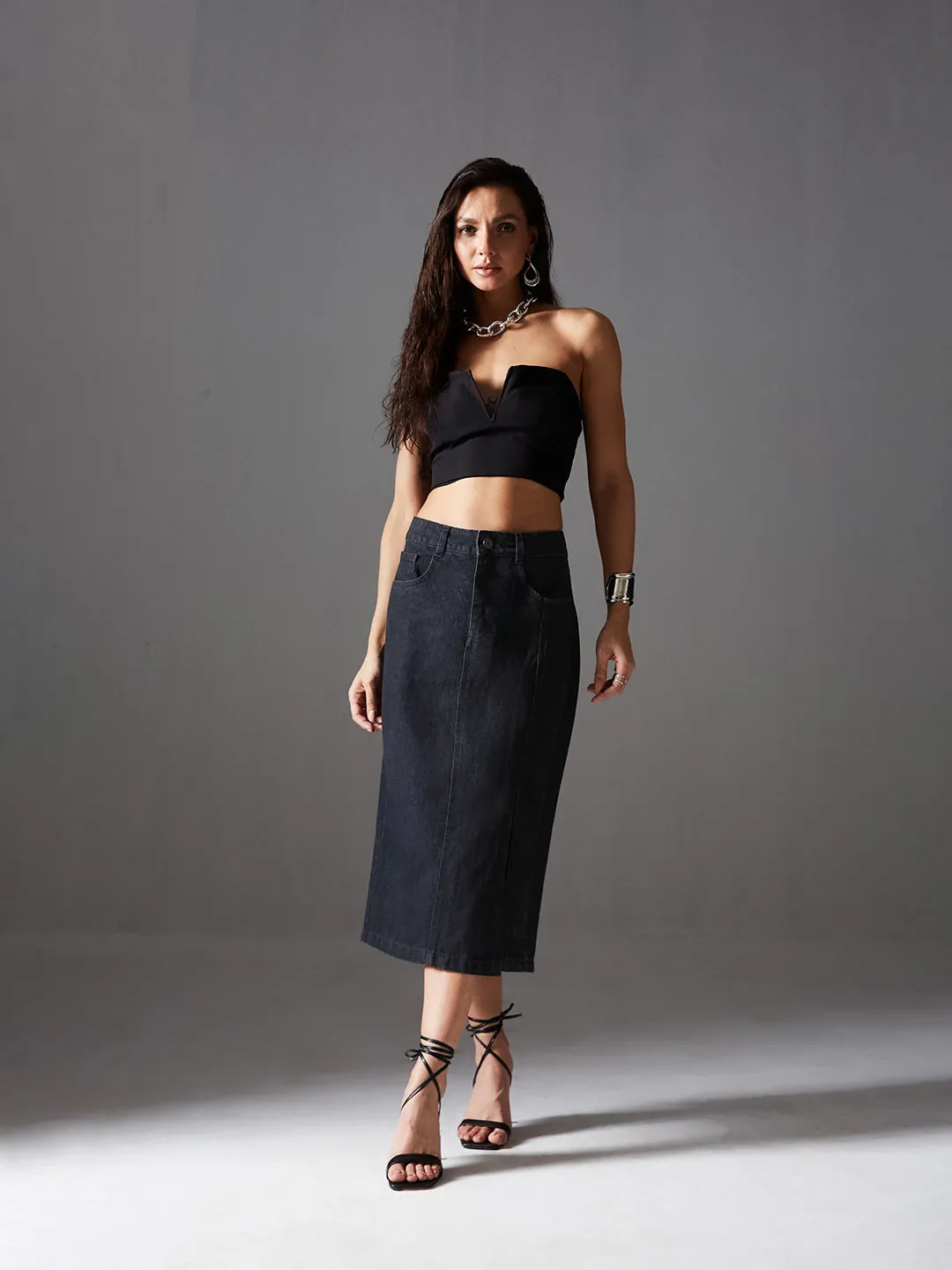 Premium Women's Black Straight-Fit High-Rise Stretchable Denim Midi Skirt