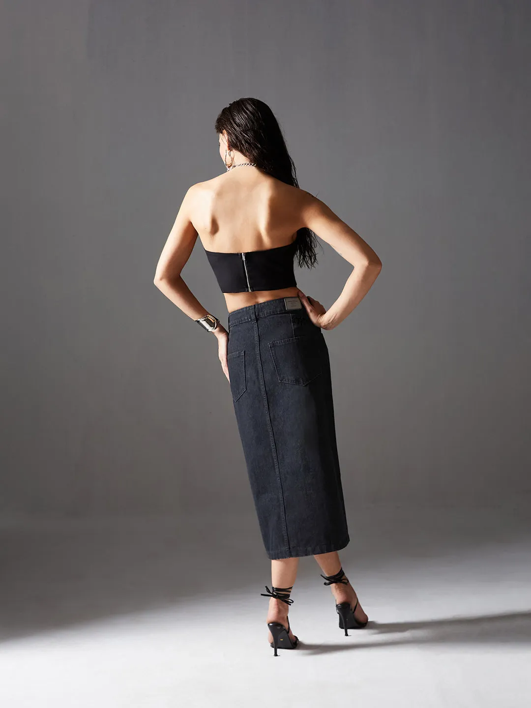 Premium Women's Black Straight-Fit High-Rise Stretchable Denim Midi Skirt