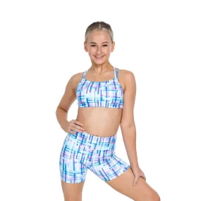 Remi: Criss-Cross Back Bra Crop Top in Blue Grid Print