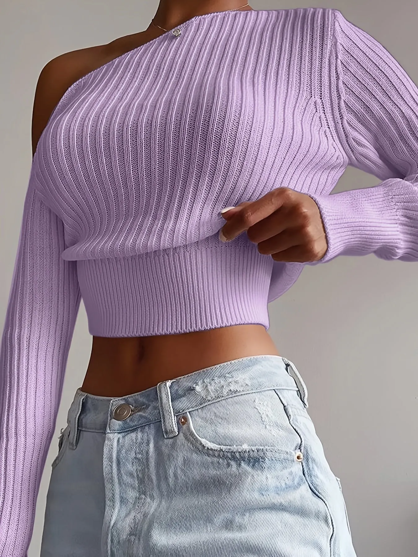 Ribbed Asymmetrical Neck Knit Crop Sweater FG9874