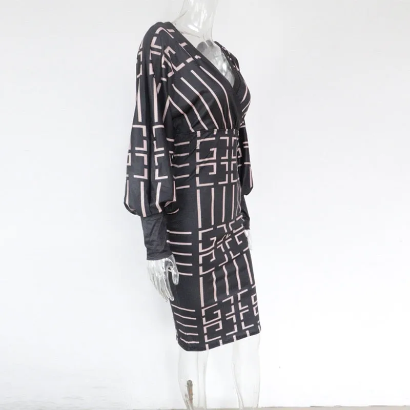 Ribbed Elegant Plaid Print Wrap Bodycon Midi Dress