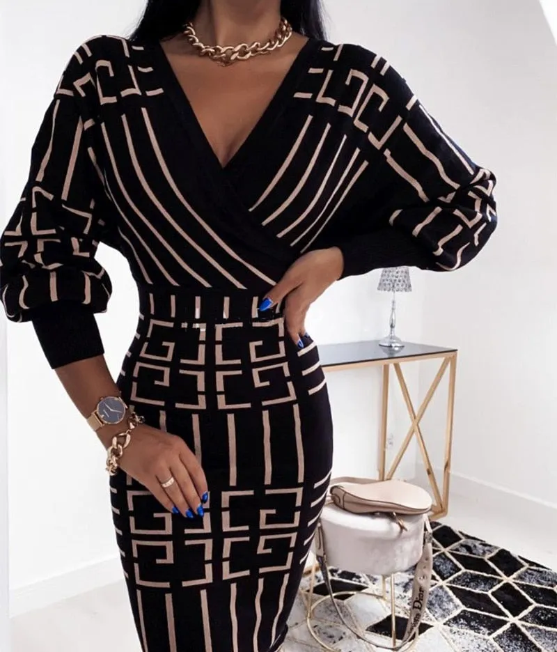 Ribbed Elegant Plaid Print Wrap Bodycon Midi Dress