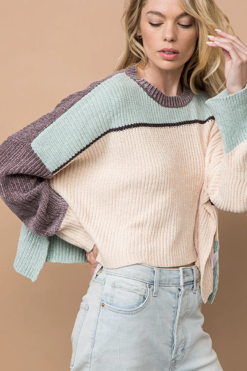 SAGE COLORBLOCK DROP SHOULDER OVERSIZE CROP SWEATER SW7324