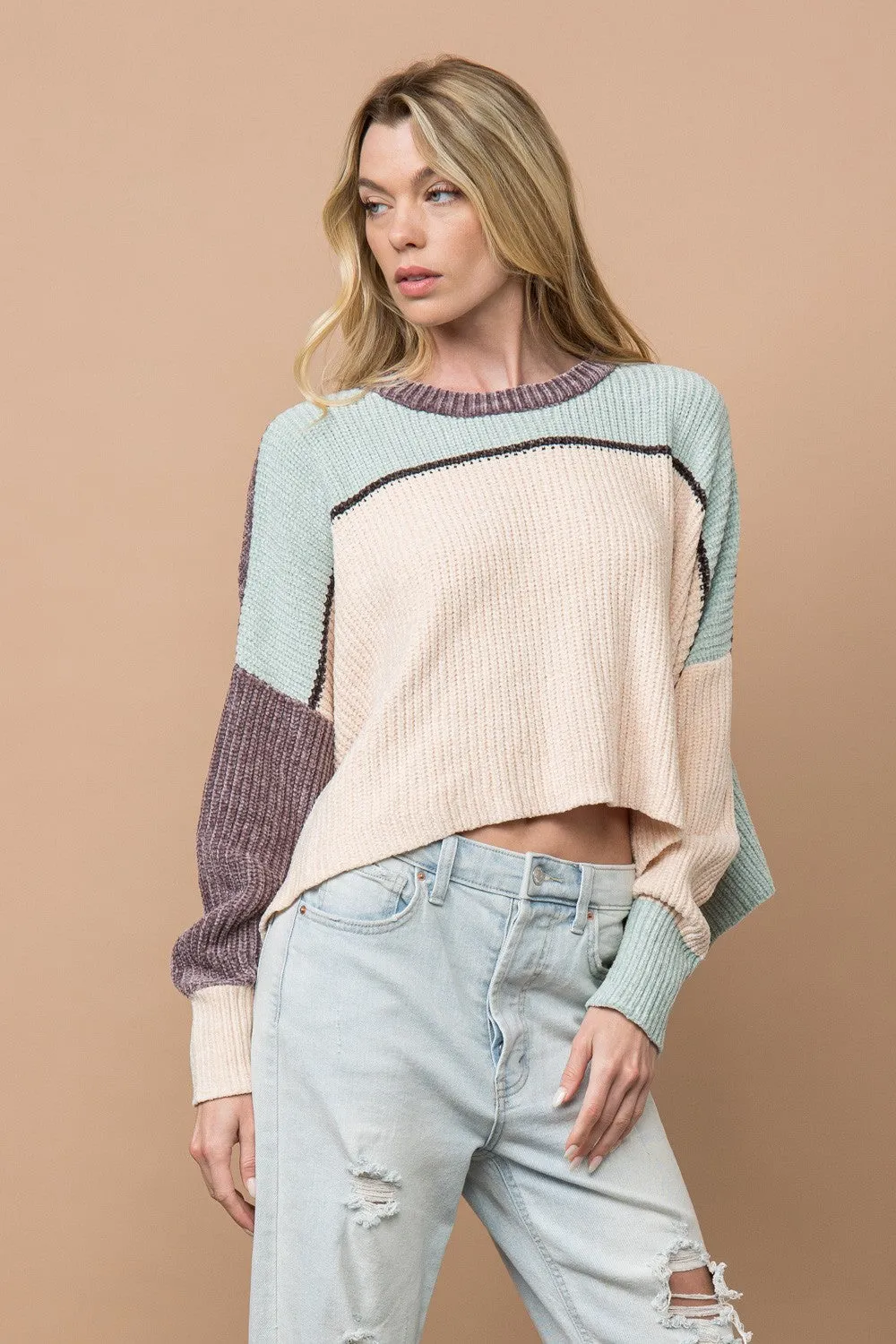 SAGE COLORBLOCK DROP SHOULDER OVERSIZE CROP SWEATER SW7324