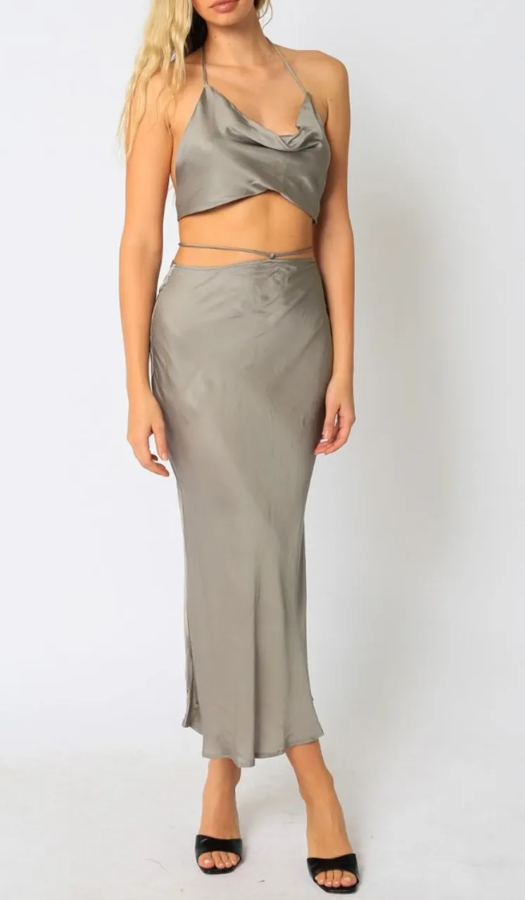 Satin Tie Midi Skirt