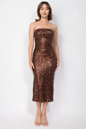 sequin strapless midi dress