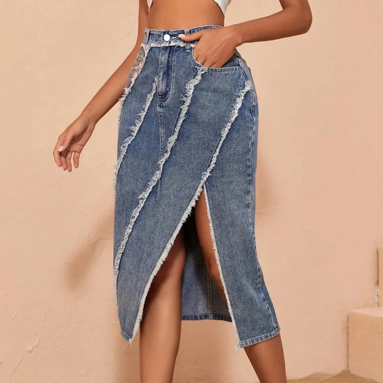 Serenity - Blue Raw Edge Midi Denim Skirt