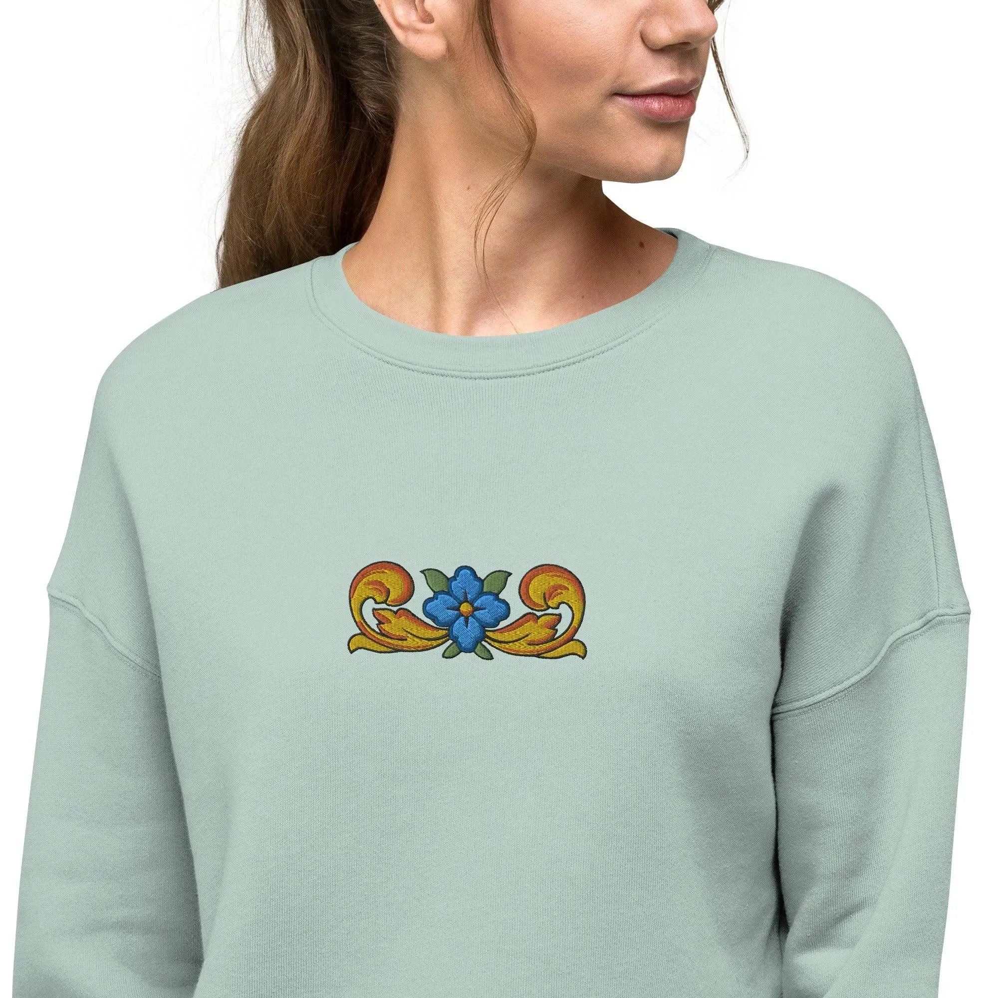 Sicilian Tile Motif Cropped Sweatshirt