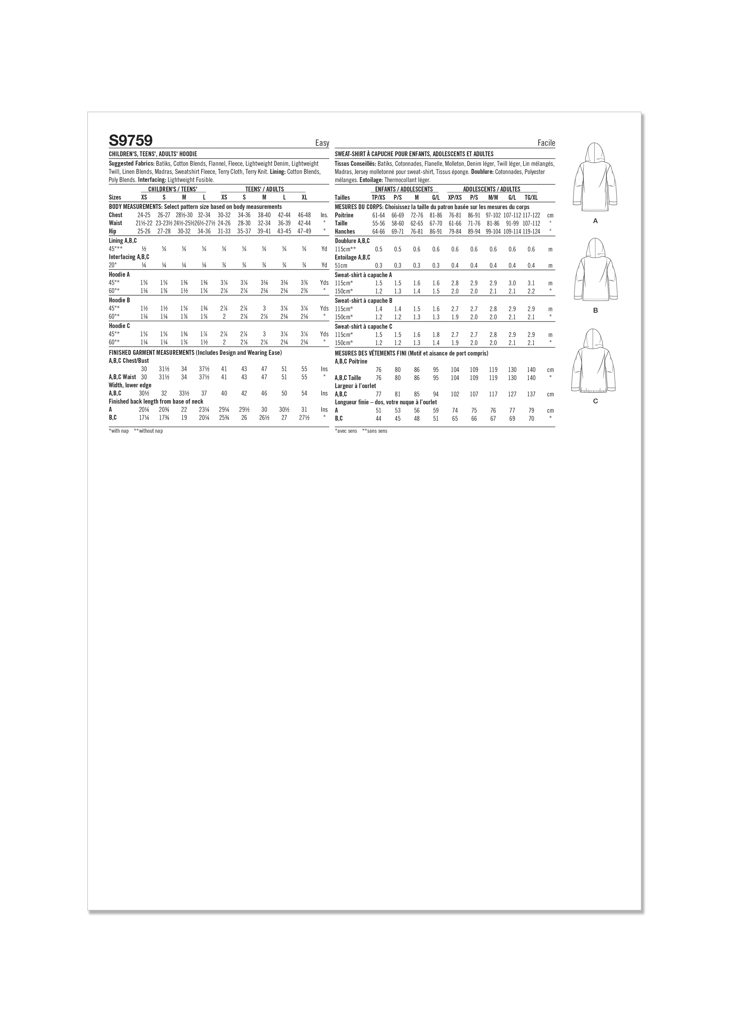 Simplicity 9759 sewing pattern Children's, Teens' and Adults' Hoodie