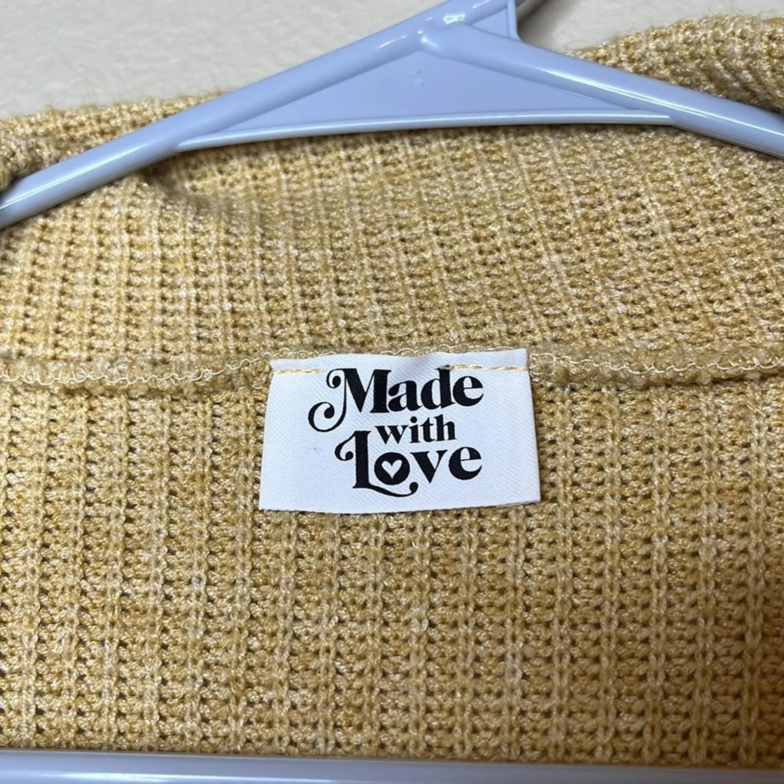Small Made With Love Yellow Gold Floppy Collared V-Neck Knit Crop Top Sweater