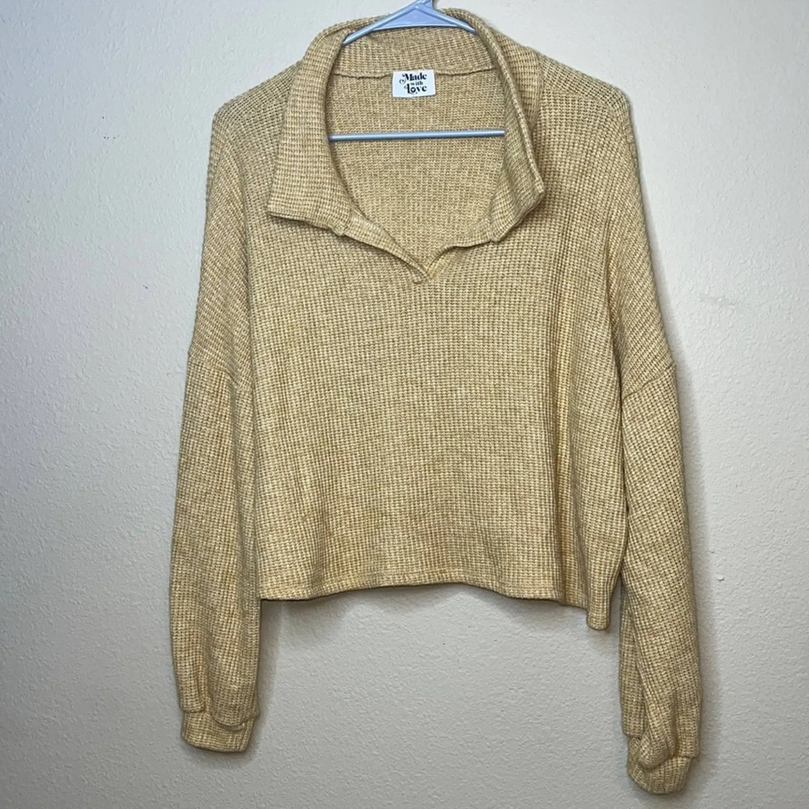 Small Made With Love Yellow Gold Floppy Collared V-Neck Knit Crop Top Sweater