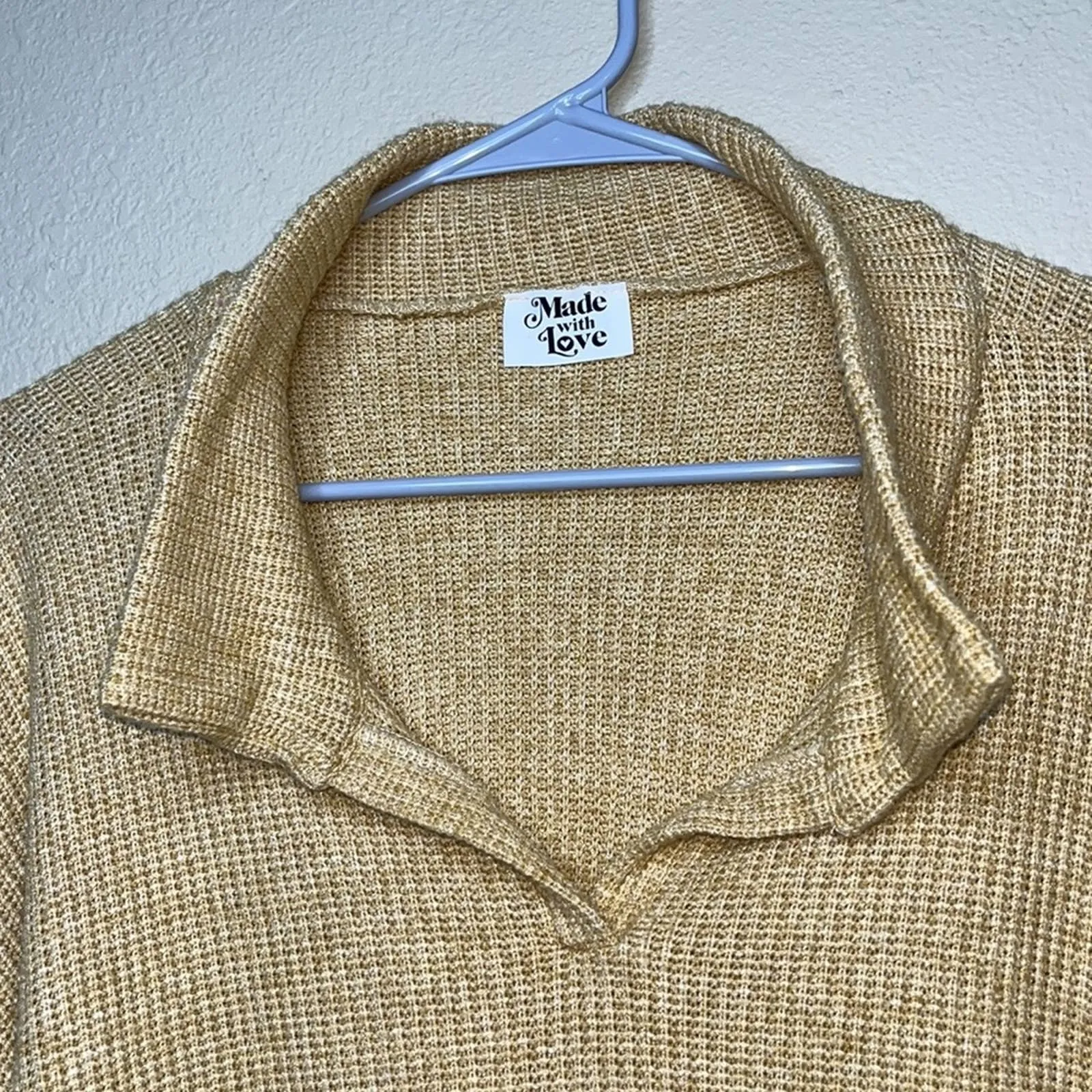 Small Made With Love Yellow Gold Floppy Collared V-Neck Knit Crop Top Sweater