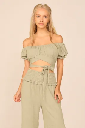 Soft Olive Rib Knit Wrap Crop Top