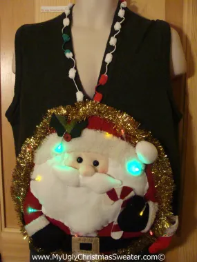 Tacky 3D Ugly Christmas Sweater Vest Mens Puffy Santa with Lights (A35)