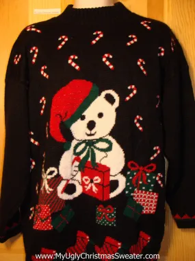Tacky Ugly Christmas Sweater Vintage 80s Classic Santa Bear with Candy Canes (f200)