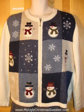 Tacky Ugly Christmas Sweater with Stick Armed Carrot Nosed Snowmen (f761)