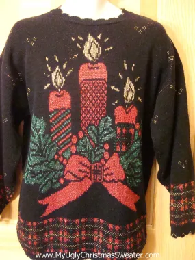 Ugly Christmas Sweater 80s Candles Plaid Trim
