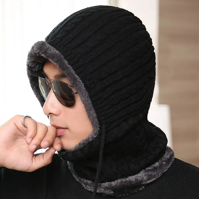 Warm Winter Knit Beanie Hats Fleece-Lined Thickened Women's Neck Warmer Hooded PNE-Piece Suit Korean Unisex