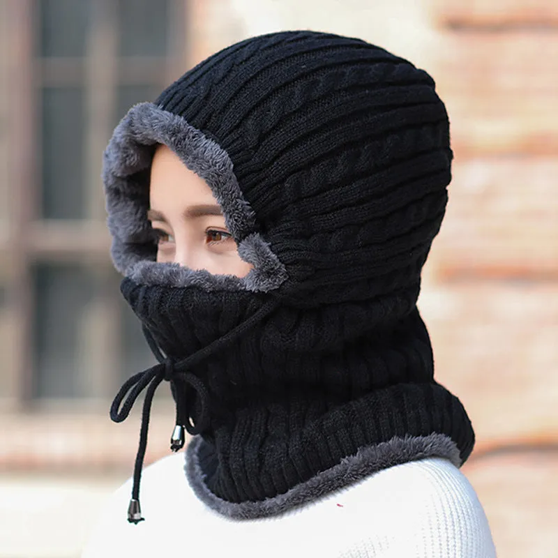Warm Winter Knit Beanie Hats Fleece-Lined Thickened Women's Neck Warmer Hooded PNE-Piece Suit Korean Unisex