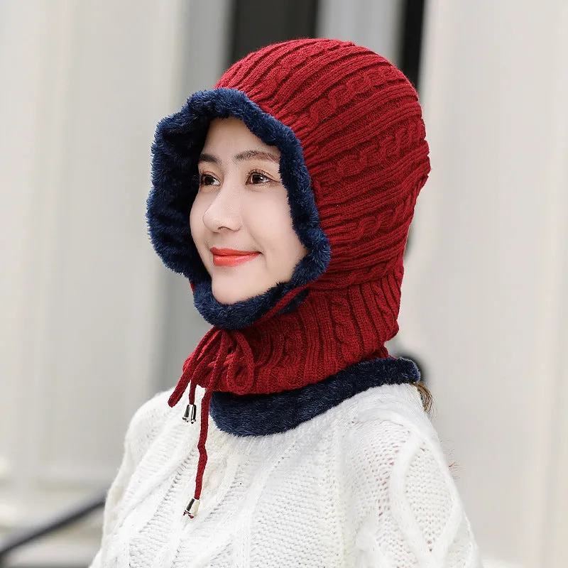 Warm Winter Knit Beanie Hats Fleece-Lined Thickened Women's Neck Warmer Hooded PNE-Piece Suit Korean Unisex