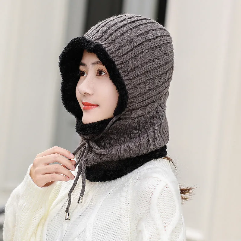 Warm Winter Knit Beanie Hats Fleece-Lined Thickened Women's Neck Warmer Hooded PNE-Piece Suit Korean Unisex