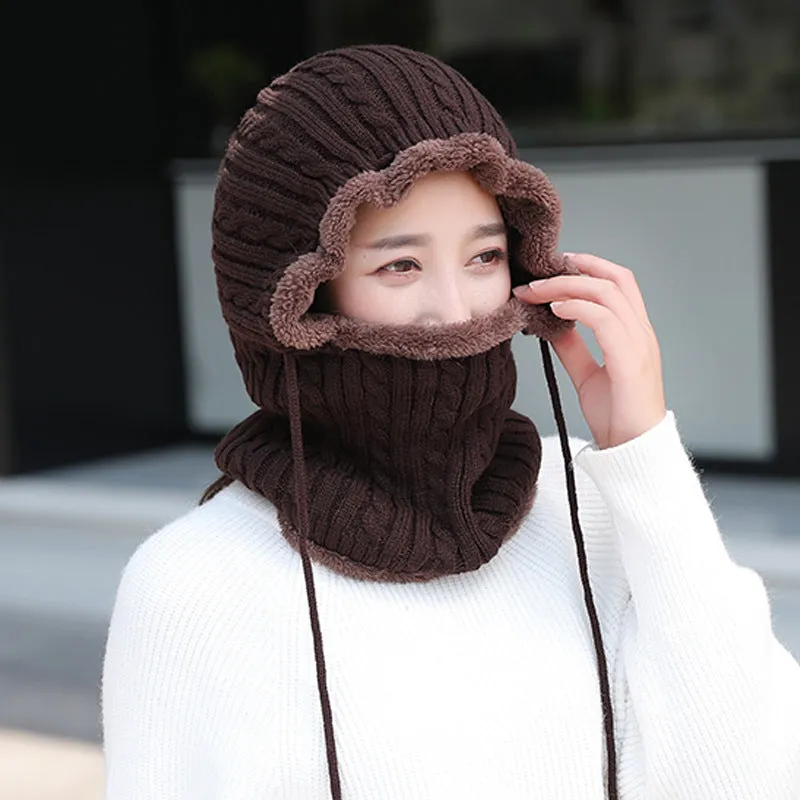 Warm Winter Knit Beanie Hats Fleece-Lined Thickened Women's Neck Warmer Hooded PNE-Piece Suit Korean Unisex