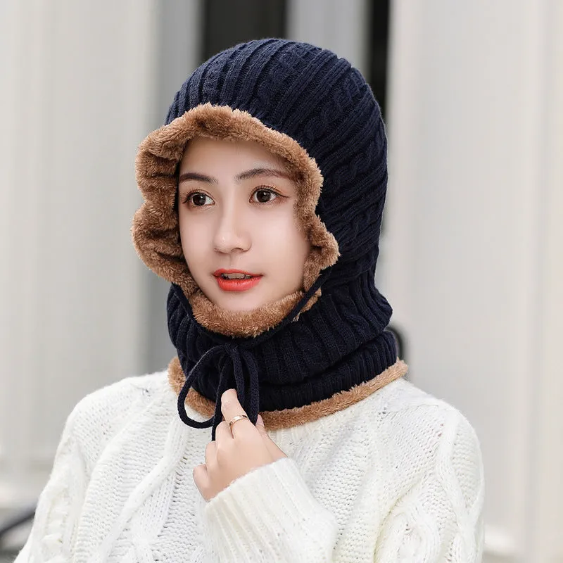 Warm Winter Knit Beanie Hats Fleece-Lined Thickened Women's Neck Warmer Hooded PNE-Piece Suit Korean Unisex