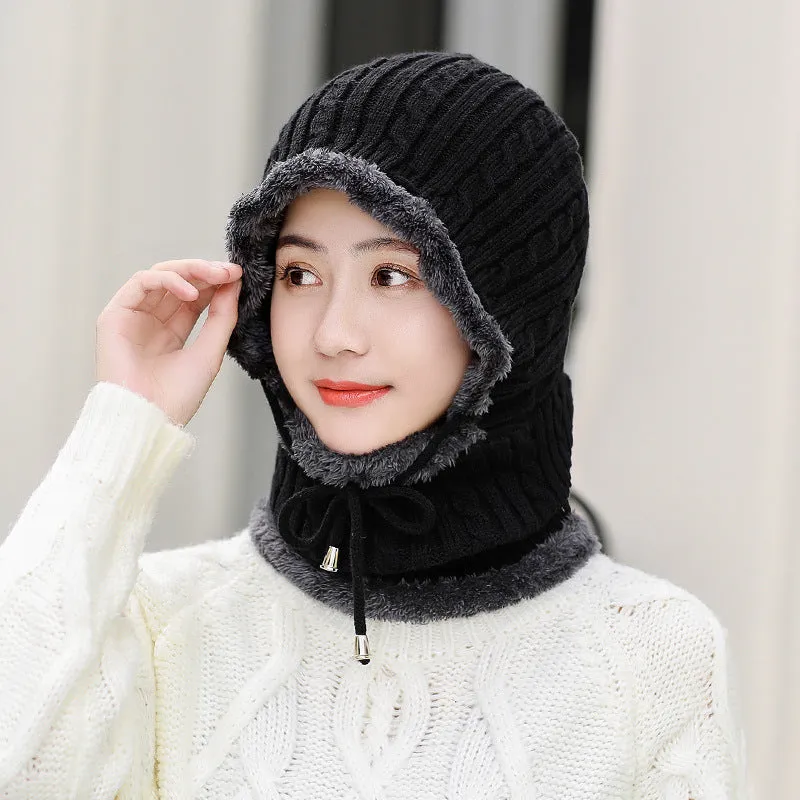 Warm Winter Knit Beanie Hats Fleece-Lined Thickened Women's Neck Warmer Hooded PNE-Piece Suit Korean Unisex