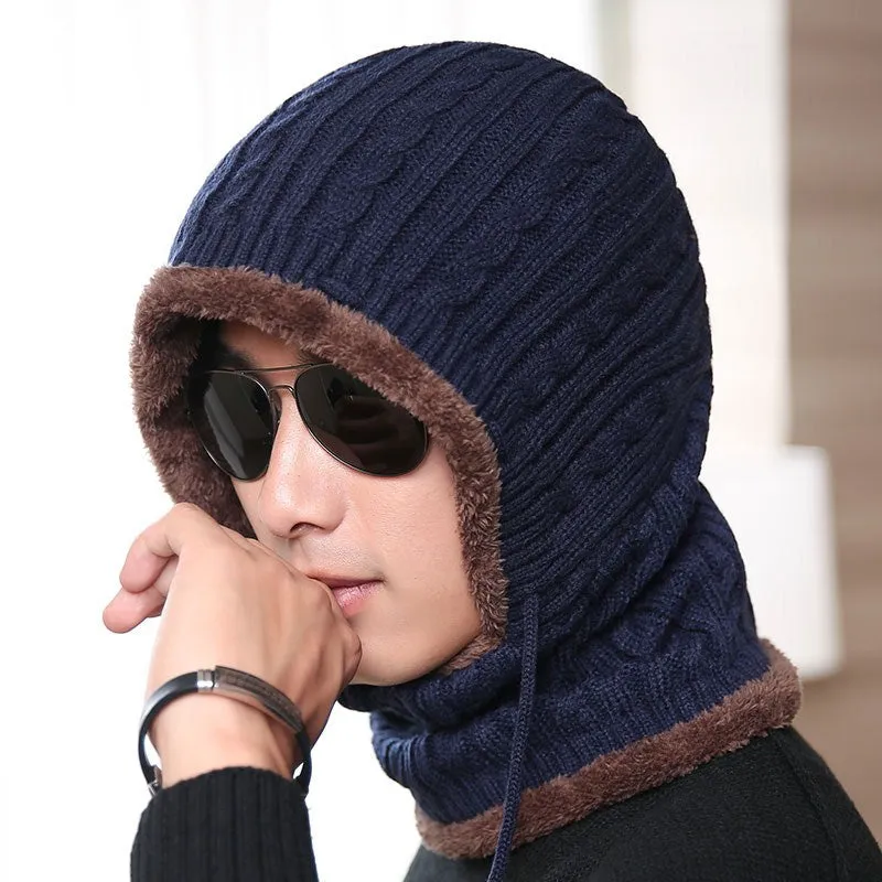 Warm Winter Knit Beanie Hats Fleece-Lined Thickened Women's Neck Warmer Hooded PNE-Piece Suit Korean Unisex