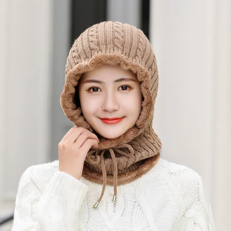 Warm Winter Knit Beanie Hats Fleece-Lined Thickened Women's Neck Warmer Hooded PNE-Piece Suit Korean Unisex
