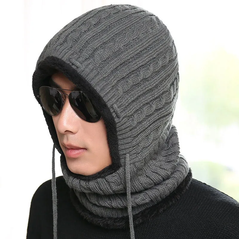 Warm Winter Knit Beanie Hats Fleece-Lined Thickened Women's Neck Warmer Hooded PNE-Piece Suit Korean Unisex