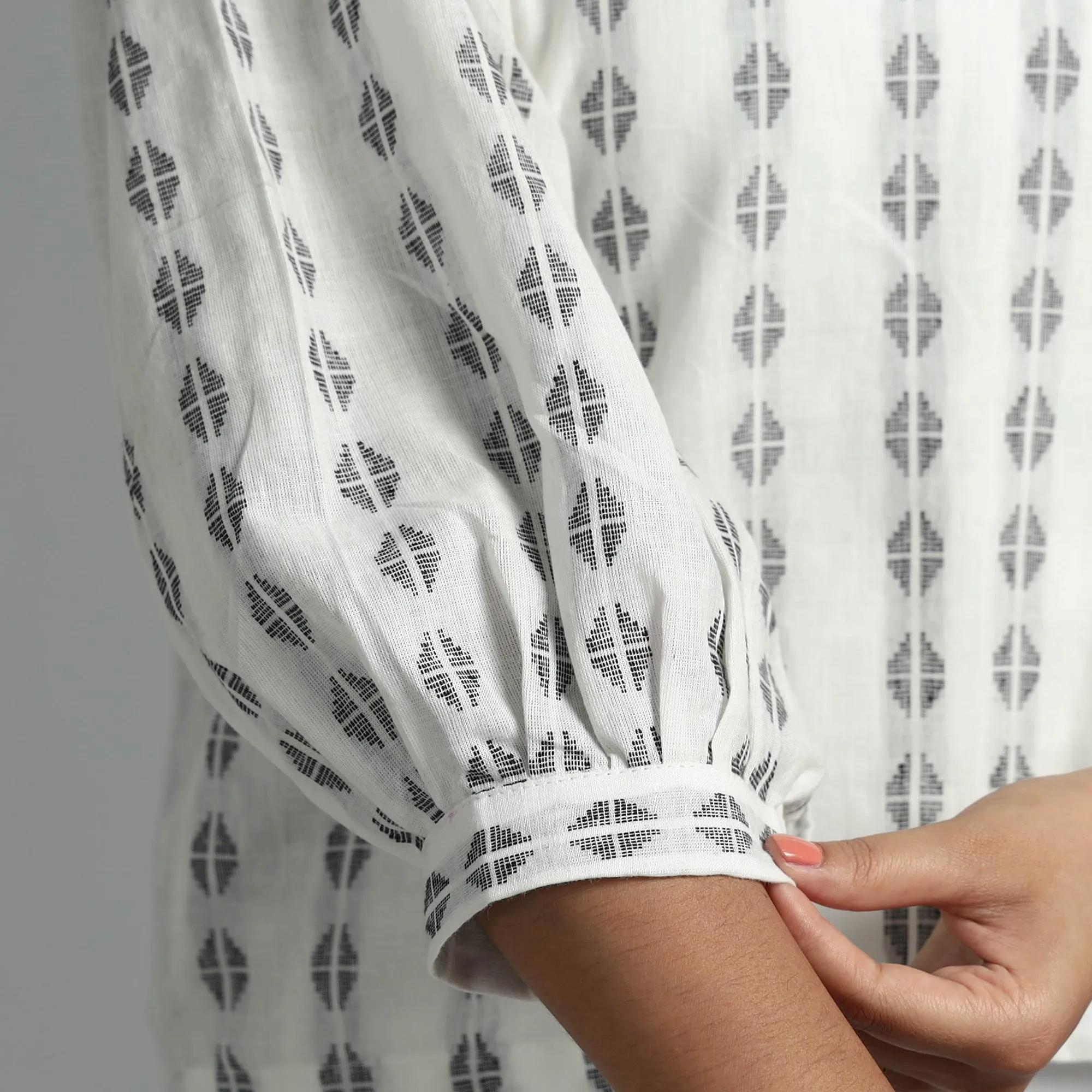 White Jacquard Full Sleeve Cotton Crop Top
