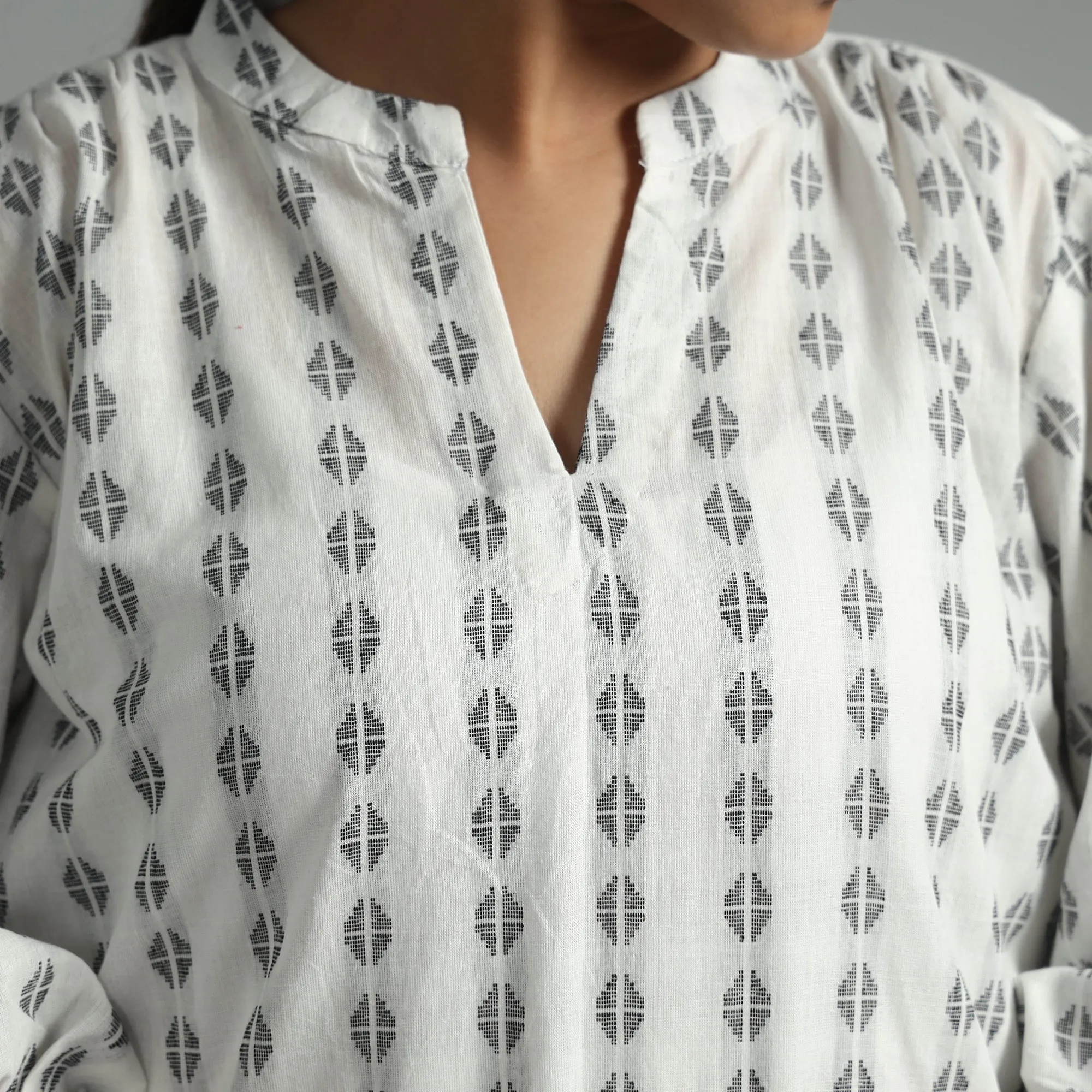 White Jacquard Full Sleeve Cotton Crop Top