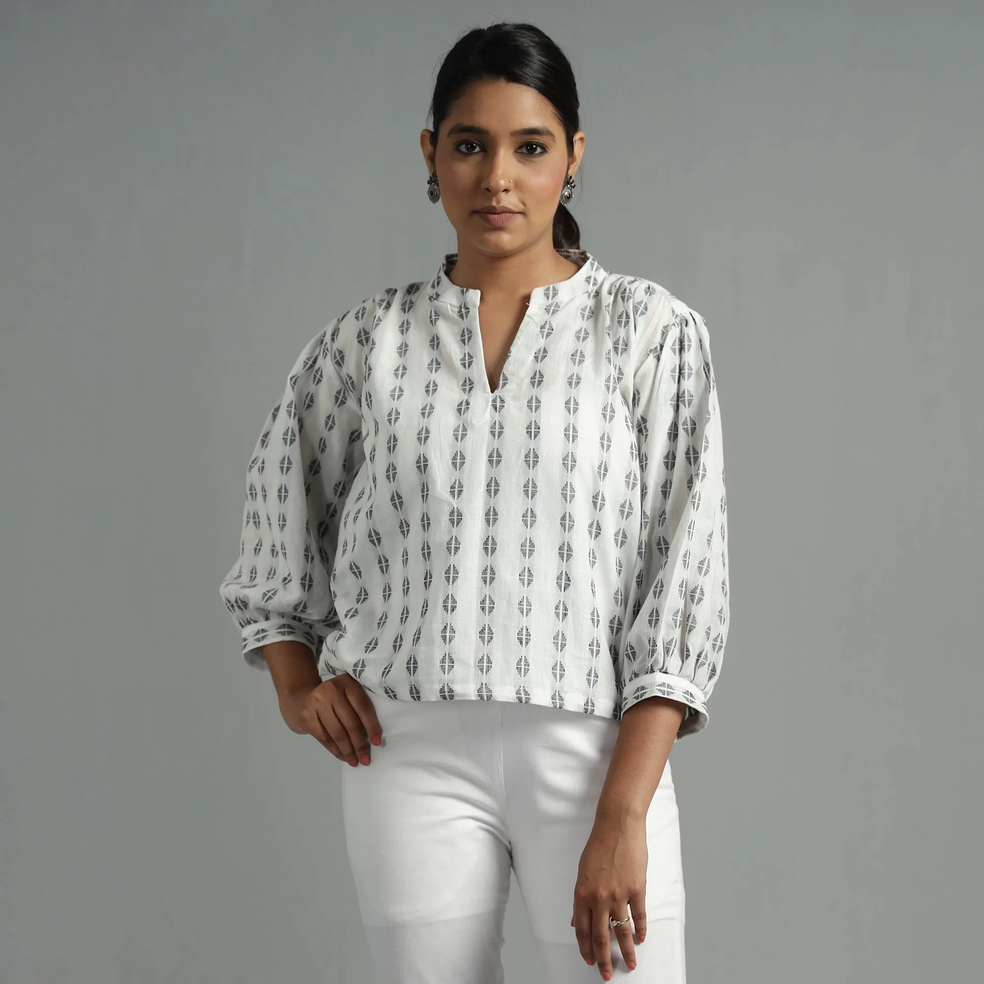 White Jacquard Full Sleeve Cotton Crop Top