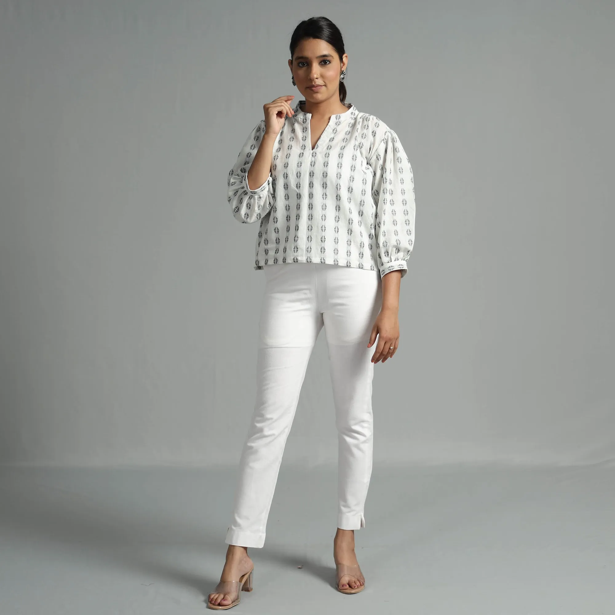 White Jacquard Full Sleeve Cotton Crop Top