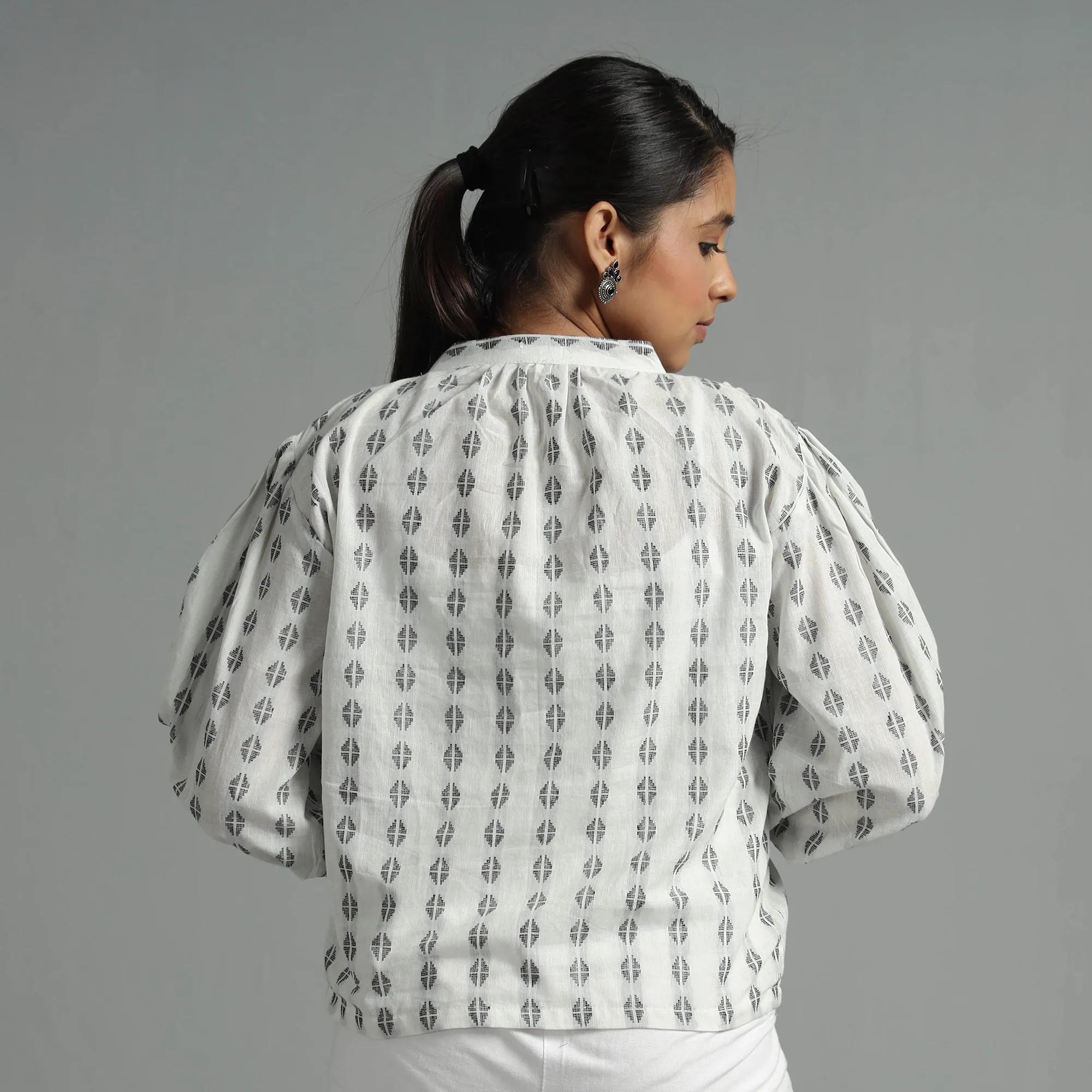 White Jacquard Full Sleeve Cotton Crop Top