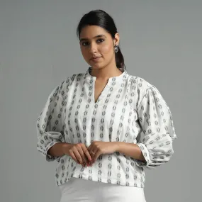 White Jacquard Full Sleeve Cotton Crop Top