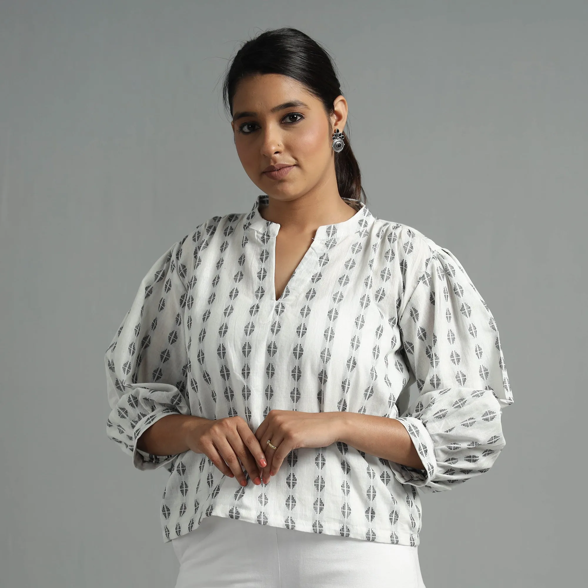 White Jacquard Full Sleeve Cotton Crop Top