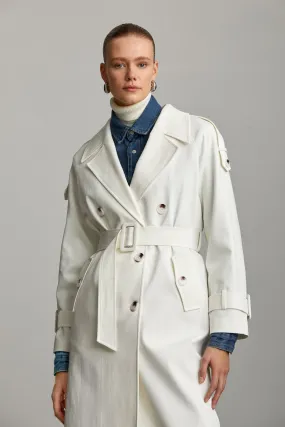 White Slim Fit Straight Mono Neck Cotton Belted Basic Mary Overcoat