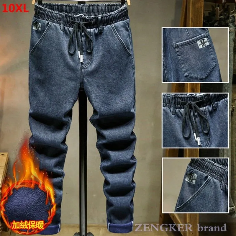 Winter Plus Sizes Warm Fleece Lining Jeans Elastic Waist Thick Pants