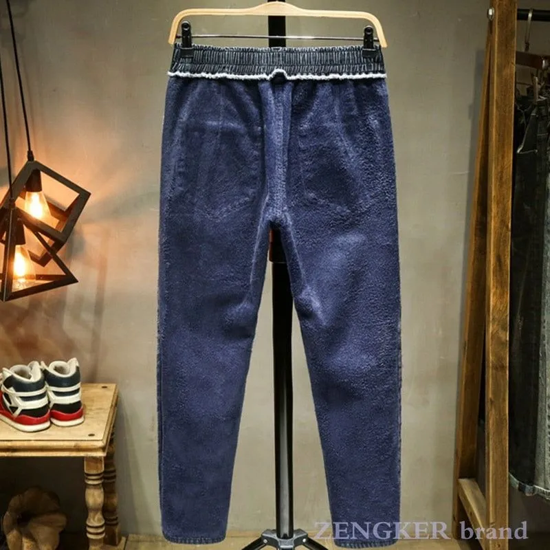 Winter Plus Sizes Warm Fleece Lining Jeans Elastic Waist Thick Pants