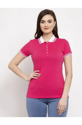 Women Pink & White Polo Collar T-shirt