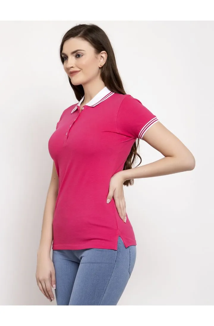 Women Pink & White Polo Collar T-shirt