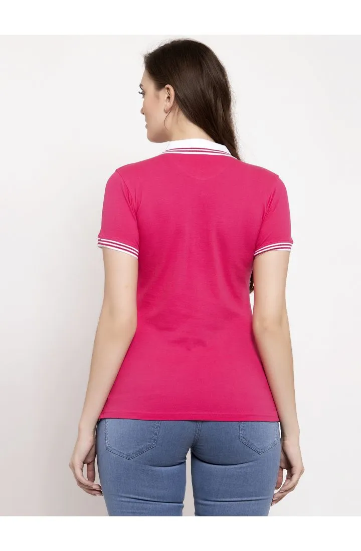 Women Pink & White Polo Collar T-shirt