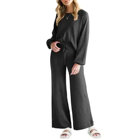 Women's Long Lantern Sleeve Crop Top with Wide Leg Pants Lounge Set