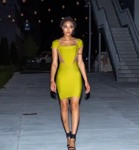 Yellow-Green Off Shoulder Bandage Dress